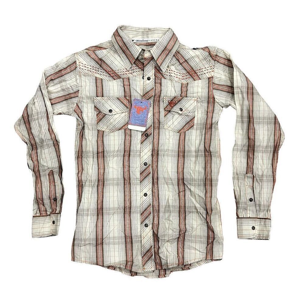 Cowboy Hardware Boys Tan Plaid Long Sleeve‎ Western Pearl Snap Shirt L
